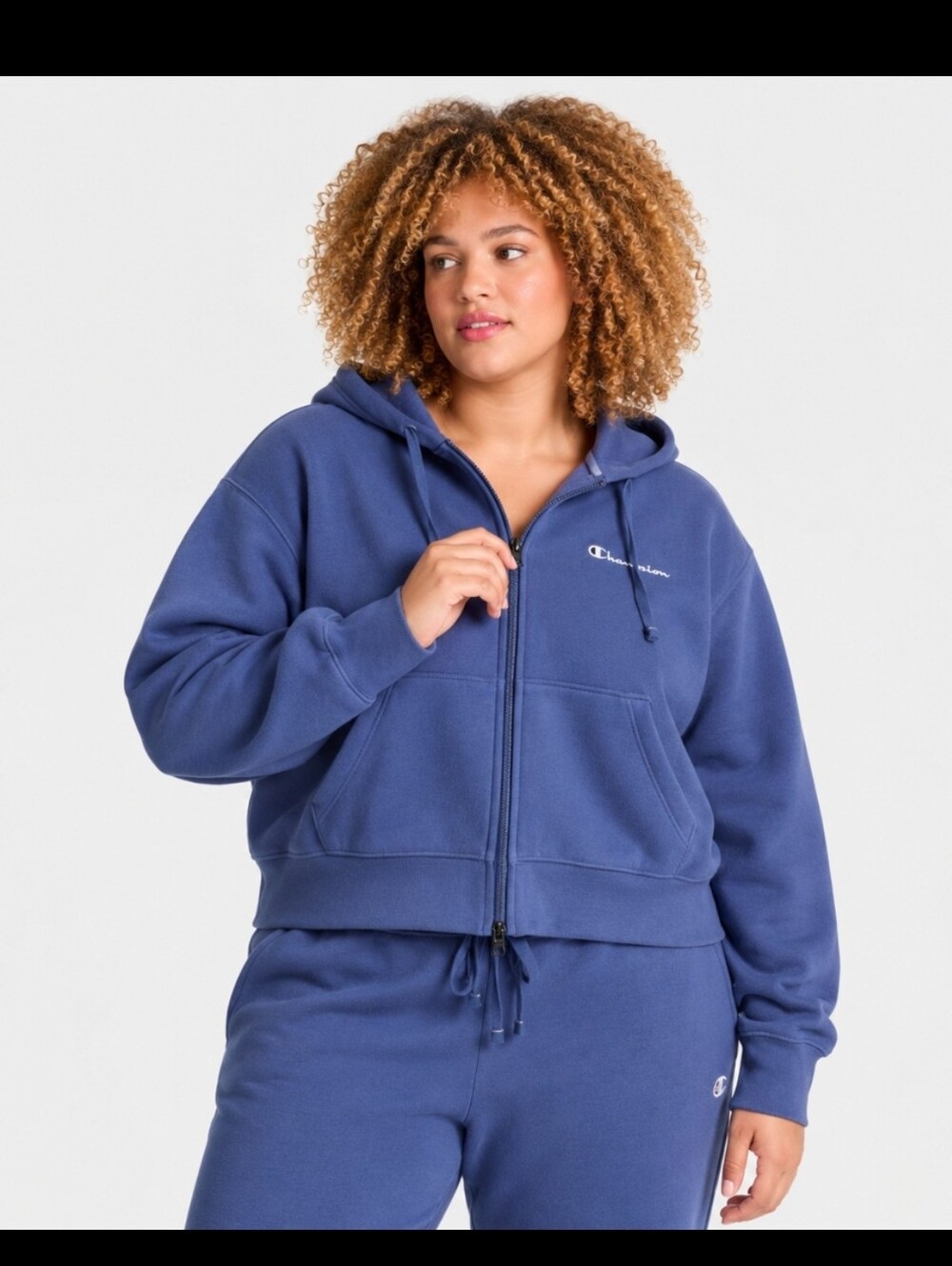Champion Women's Cropped Fleece Zip-Up Sweatshirt Hooded Ribbed Knit Gray Blue